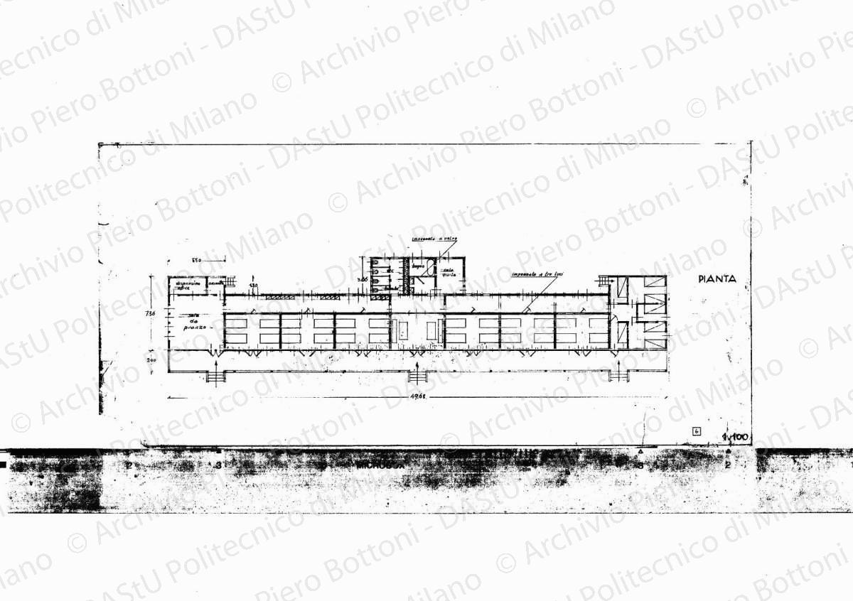 Pianta, scala 1:100, s.d. Matita su lucido, cm 30,6 x 65,0.