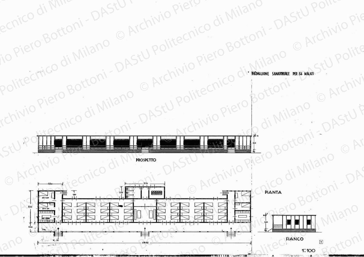 Padiglione sanatoriale per 36 malati, pianta, prospetto e fianco, scala 1:100, s.d. China e matita su lucido, cm 42,8 x 70,5.