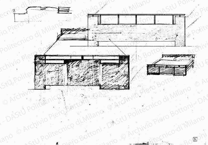 Studio e schizzi letto, scala 1:10, s.d. Matita su carta, cm 31,8 x 43,5.