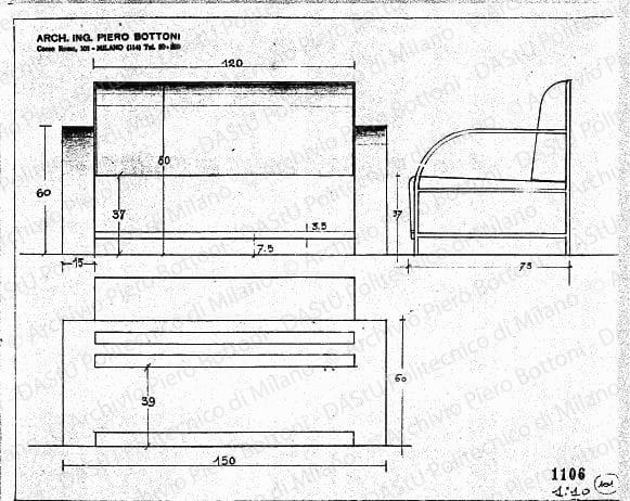Divano con scaffali, scala 1:10, prot. 1106, s.d. Matita su lucido, cm 23,8x29,8. 
