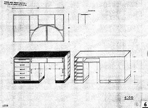 Scrivania, scala 1:10, prot. 1239, s.d. Matita su lucido, cm 32,0x42,8. 