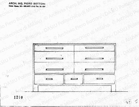 Cassettiera, scala 1:10, prot. 1240, s.d. Matita su lucido, cm 19,7x26,8. 