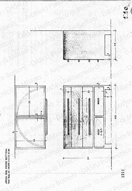 Cassettiera, scala 1:10, prot. 1241, s.d. Matita su lucido, cm 25,3x36,3. 