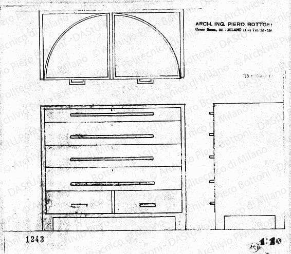 Cassettiera, scala 1:10, prot. 1243, s.d. Matita su lucido, cm 22,3x24,6. 