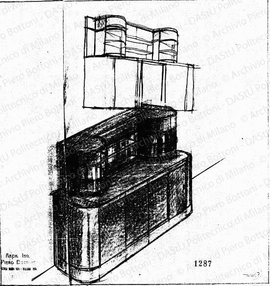 Credenza, assonometria e schizzo prospettico, prot. 1287, s.d. Matita e matita marrone su lucido, cm 26,3x27,7. Variante a matita e matita marrone. 