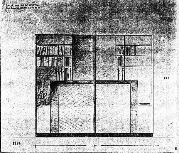 Libreria, scala 1:10, prot. 1404, s.d. Matita su lucido, cm 30,0x36,2. 