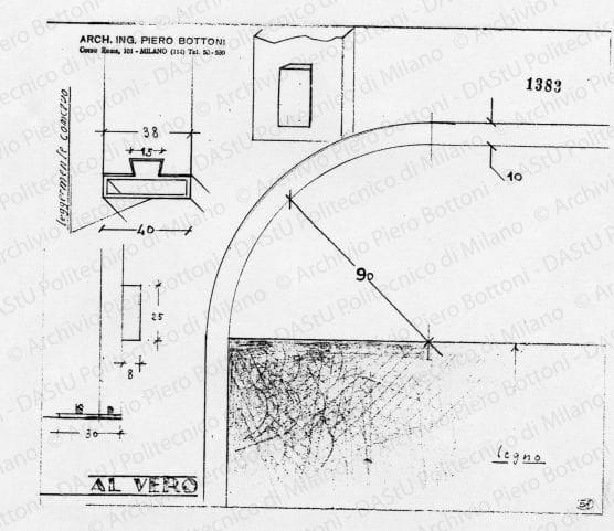 Particolare testata letto, scala 1:1, prot. 1383, s.d. Matita e matita marrone su lucido, cm 22,1x25,6. 