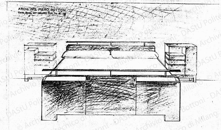 Letto e comodini, scala 1:10, prot. 1422, s.d. Matita e matite colorate su lucido, cm 23,3x30,6.