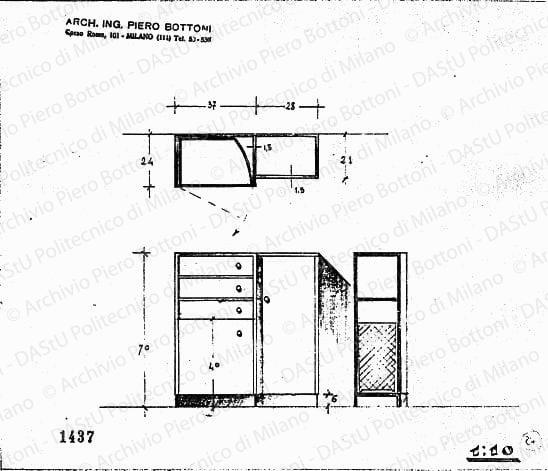 Mobiletto, scala 1:10, prot. 1437, s.d. Matita su lucido, cm 21,8x25,4. 