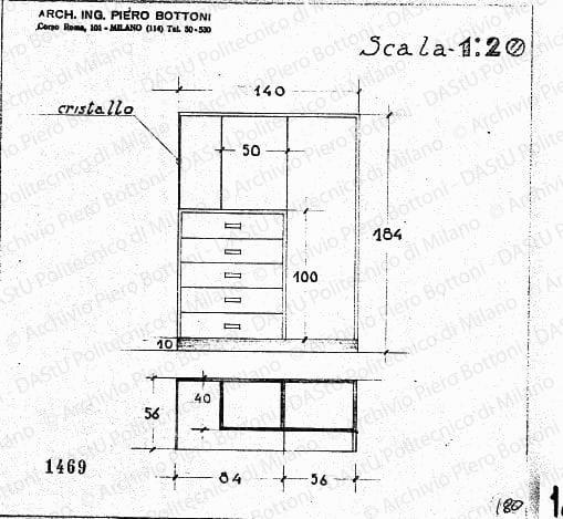 Armadietto, scala 1:20, prot. 1469, s.d. Matita su lucido, cm 20,0x20,5. 
