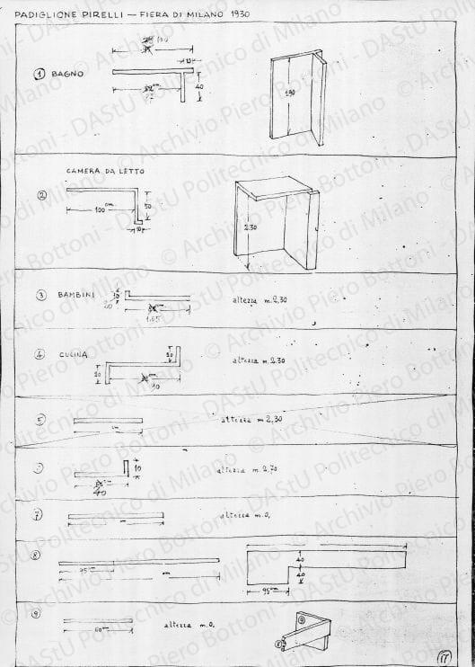 Padiglione Pirelli ? Fiera di Milano 1930, elementi stand, s.d. Eliografia su carta, cm 43,0x30,0. Correzioni a matita. 