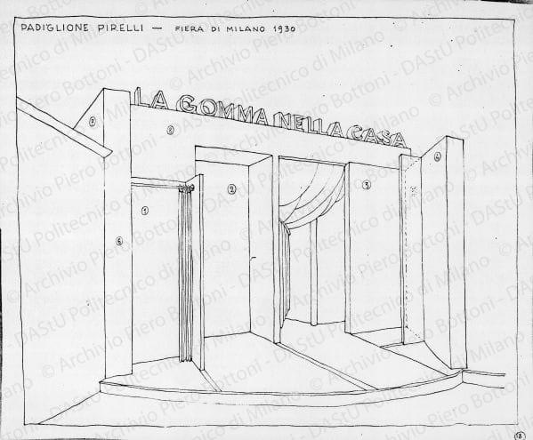 La gomma nella casa, Padiglione Pirelli ? Fiera di Milano 1930, prospettiva, s.d. Eliografia su carta, cm28,2x34,0. 