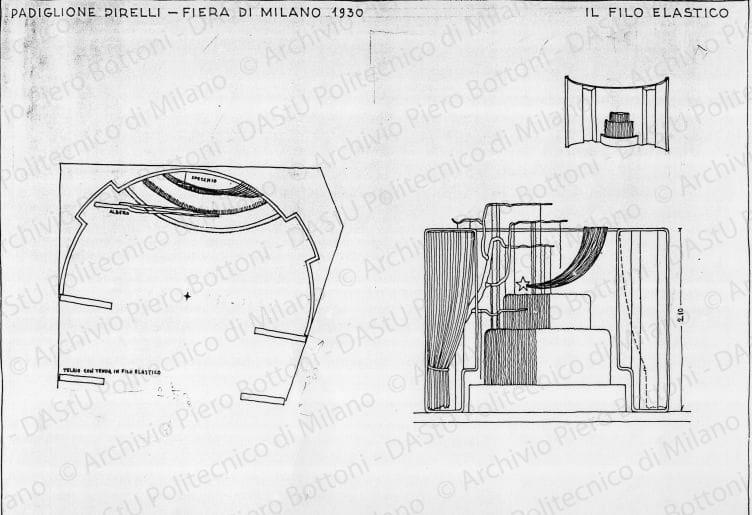 Padiglione Pirelli ? Fiera di Milano 1930, il filo elastico, pianta e prospetto, scala 1:20, s.d. China su lucido, cm 31,9x44,7. 