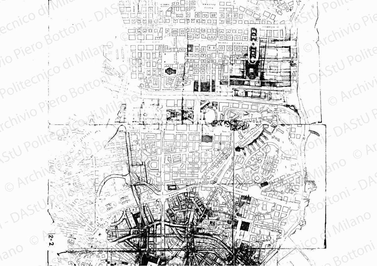 Studio planimetrico su: Planimetria del centro, scala 1:2000, s.d. Matita e matite colorate su eliografia su carta, cm 87,7 x 116,5.