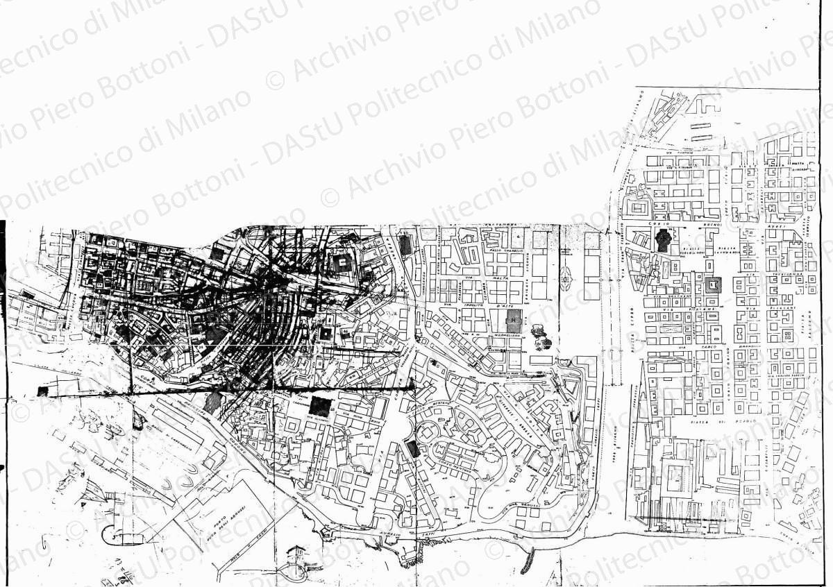 Studio planimetrico su: Comune di Genova, ritaglio di planimetria zona oggetto del concorso, scala1:2000, s.d. Matita e matite colorate su eliografia su carta, cm 92,0 x 120,1. Sul verso: schizzi a matita e penna.