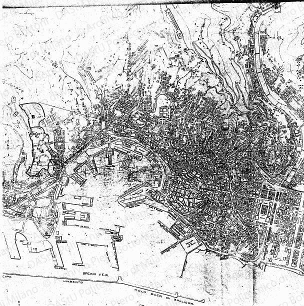 Individuazione delle aree A, B, C, su: Planimetria di Genova, scala 1:5000, s.d. Matite colorate, china e tempera su eliografia su carta, cm 87,6x146,5. 