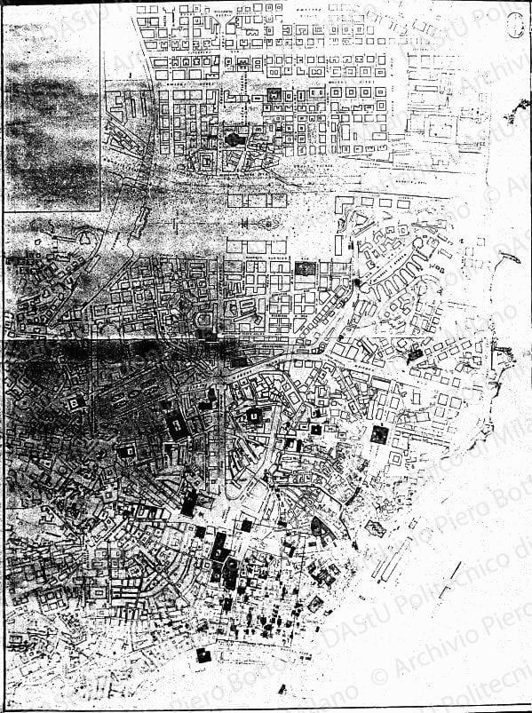 Individuazione di edifici e isolati su: Planimetria del centro urbano, scala 1:2000, s.d. Matita e acquerello su carta, cm 92,4x120,0. 