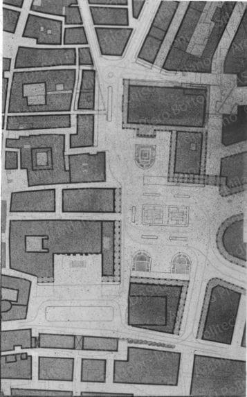 Riproduzione della planimetria di una nuova sistemazione per un'area del centro storico. Positivo, bianco e nero, 146x90 mm,  album giallo n.5, pag.13.