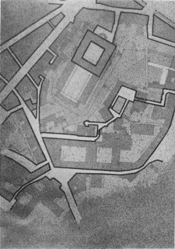 Riproduzione della planimetria dello stato di fatto di un'area del centro storico. Positivo, bianco e nero, 127x89 mm,  album giallo n.5, pag.15.