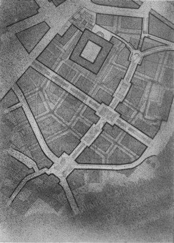 Riproduzione della planimetria di una nuova sistemazione per un'area del centro storico. Positivo, bianco e nero, 127x91 mm,  album giallo n.5, pag.15.