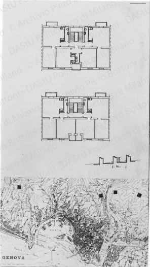Riproduzione di planimetrie di alloggi e planimetria del centro storico. Positivo, bianco e nero,133x74 mm,  album giallo n.5, pag.23.