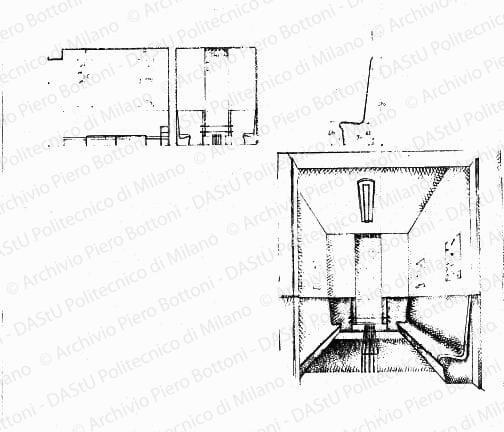 Prospetti, particolare e prospettiva sala d'aspetto, scala 1:50, s.d. Matita su lucido, cm 40,2x54,4.