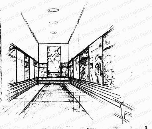 Prospettiva sala d'aspetto, s.d. Matita e carboncino su lucido, cm 33,7x40,3.