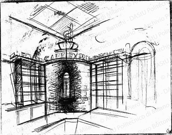 Progetto per mia sistemazione Bar del "Palais du Café" a Parigi, pianta, scala 1:50, prot. 1296, ottobre 1931. Matita su lucido, firmato da P. Bottoni, cm 16,7x27,5.