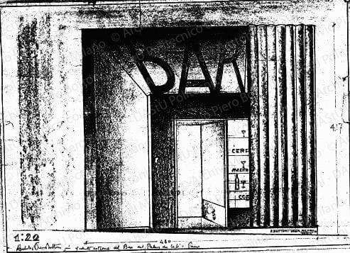 Veduta esterna del Bar del "Palais du Café", Parigi, prospetto, scala 1:20, 1931. Matita su carta, firmata da P. Bottoni, cm 26,2x36,8.