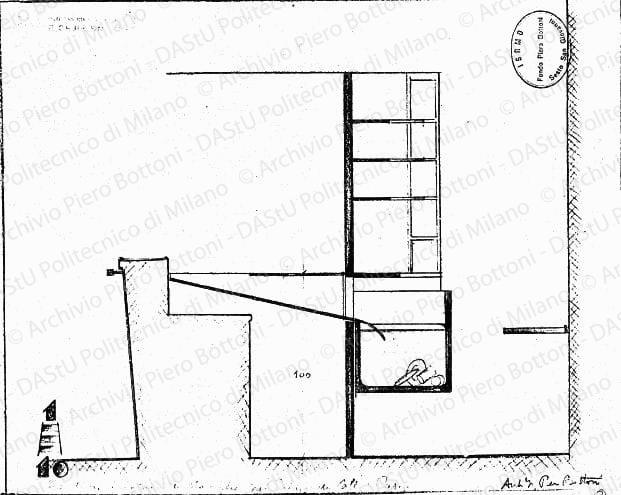 Lavatoio di stoviglie nel "Palais du Café" a Parigi, sezione, scala 1:10, s.d. Eliografia su carta, cm 28,7x35,4.