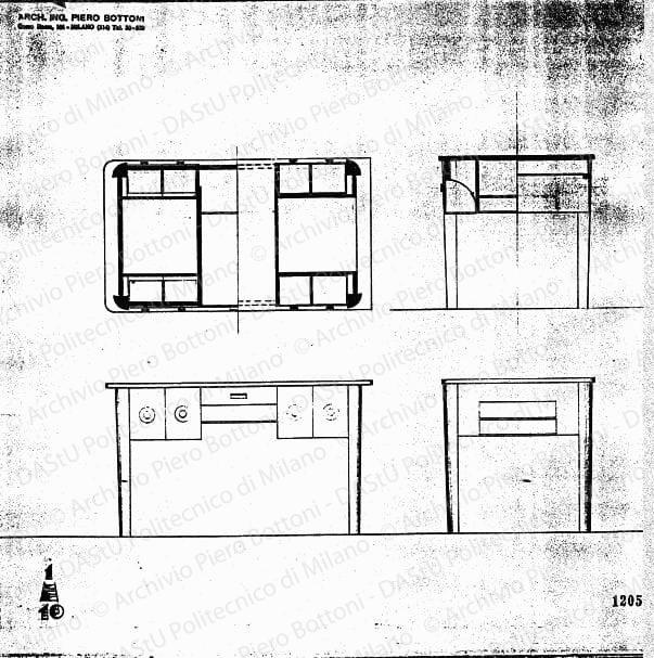 Tavolo cucina, vista frontale e laterale, sezioni, scala 1:10, prot. 1205, s.d. Matita su lucido, cm 34,7x37,1. 