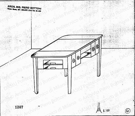 Tavolo cucina, assonometria, scala 1:10, prot. 1207, s.d. Matita su lucido, cm 23,1x27,0. 