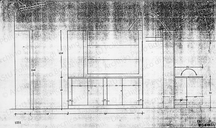 Mobile cucina, viste frontale e laterali, scala 1:10, prot. 1231, s.d. Matita su lucido, cm 32,6x55,9.