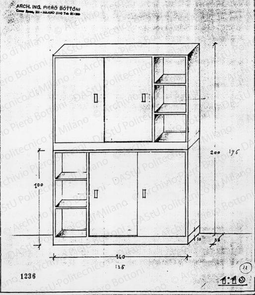 Mobile cucina, assonometria, scala 1:10, prot. 1236, s.d. Matita su lucido, cm 31,3x27,1. 