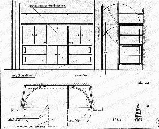 Mobile per camera bambino, viste e sezione, scala 1:10, prot. 1283, ottobre 1931. Matita su lucido, cm 25,1x32,2. 