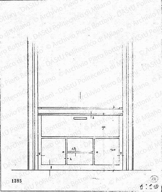 Mobile sottofinestra, vista frontale, scala 1:10, prot. 1285, s.d. Matita su lucido, cm 31,0x26,2. 