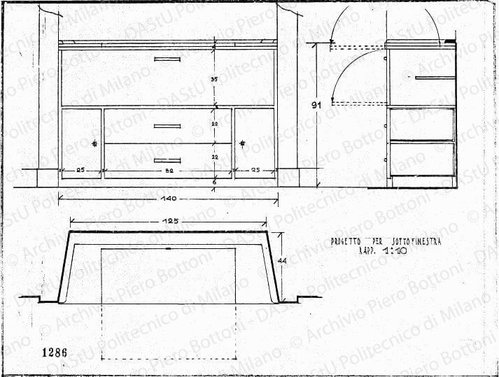 Progetto per sottofinestra, viste e sezione, scala 1:10, prot. 1286, s.d. Matita su lucido, cm 23,8x31,4.