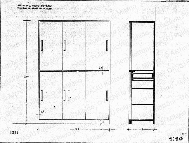 Armadio, vista frontale e sezione, scala 1:10, prot. 1392, s.d. Matita su lucido, cm 28,2x37,2. 