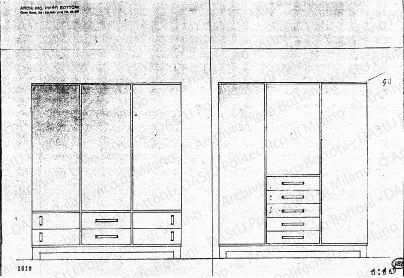 Armadi, vista frontale, scala 1:10, prot. 1619, s.d. Matita su lucido, cm 31,9x45,9. 