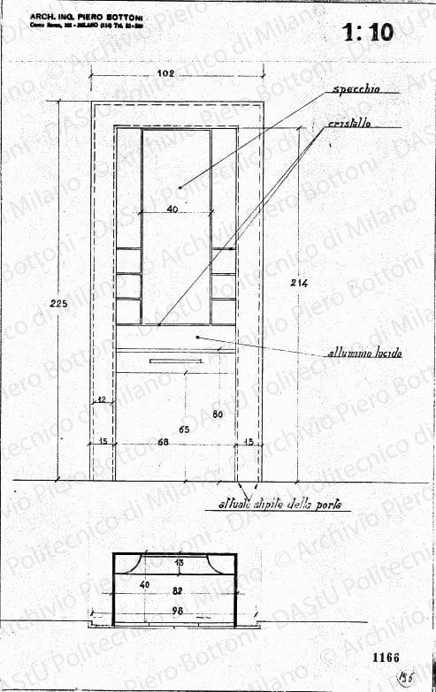 Mobile per bagno, vista frontale e sezione orizzontale, scala 1:10, prot. 1166, s.d. Matita su lucido, cm 41,0x25,8. 