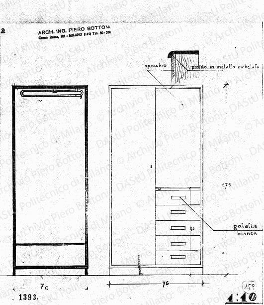 Armadio, vista frontale e sezione, scala 1:10, prot. 1393, s.d. Matita su lucido, cm 26,6x24,0. 