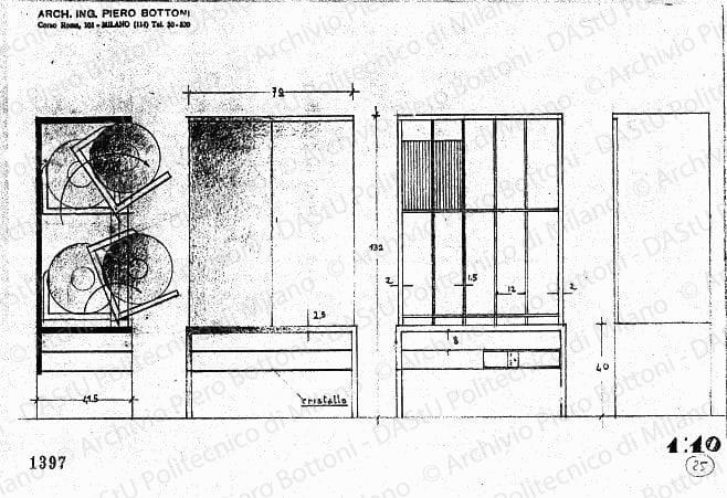 Mobile portadischi, viste e sezioni, scala 1:10, prot. 1397, s.d. Matita su lucido, cm 20,7x31,2. 