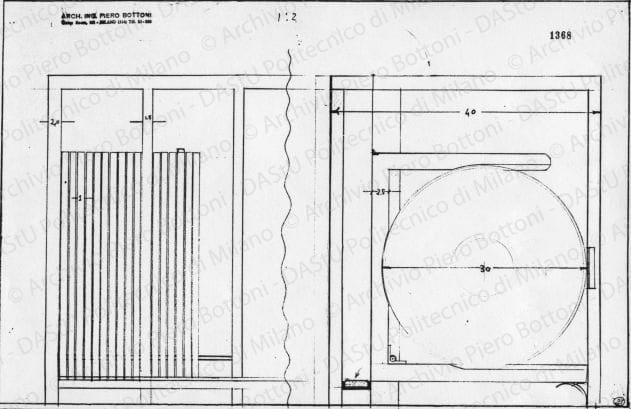 Particolare mobile portadischi, vista frontale e laterale, scala 1:2, prot. 1368, s.d. Matita su carta, cm 30,8x47,2. 