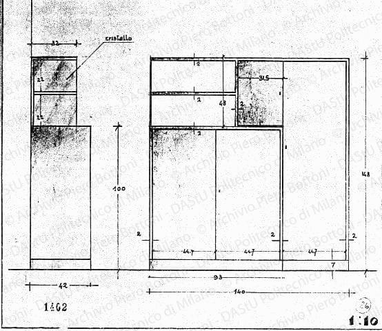 Mobile, vista frontale e laterale, scala 1:10, prot. 1402, s.d. Matita su lucido, cm 23,2x26,1. 