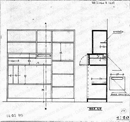 Mobile, vista e sezione, scala 1:10, prot. 1402 bis, s.d. Matita su lucido, cm 24,8x26,6. 