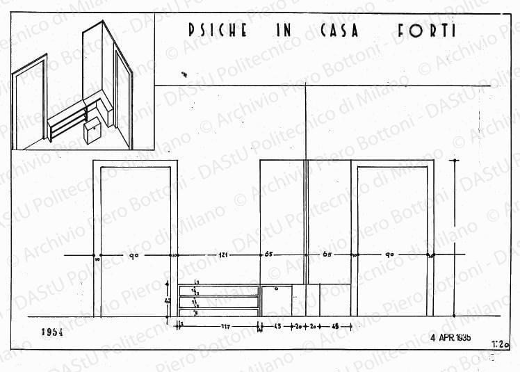 Psiche in casa Forti, vista e assonometria, scala 1:20, prot. 1954, 4 aprile 1935. China su lucido, cm 26,3x37,5. 