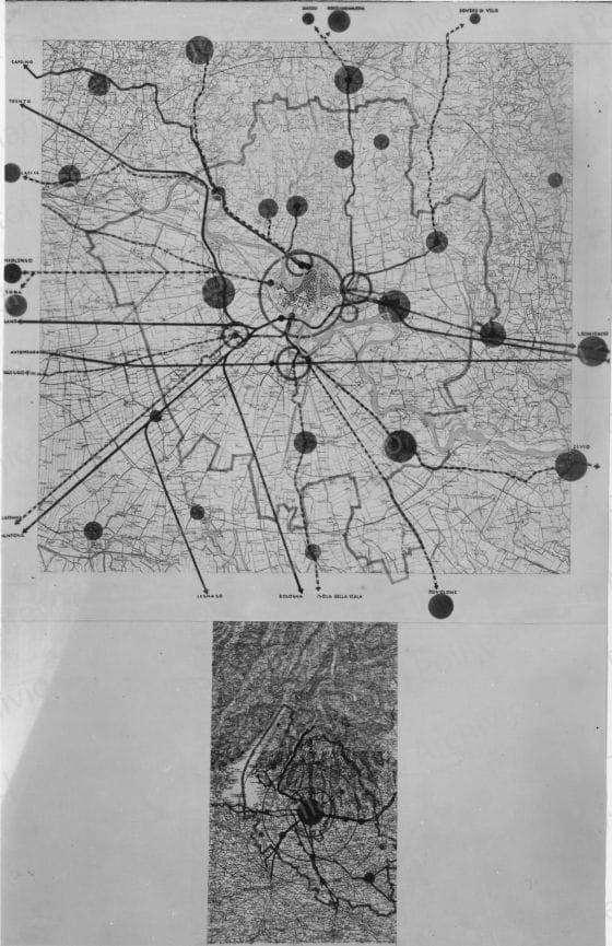 Riproduzione della tavola 4: "Le vie e i mezzi di comunicazione alla Città e dalla Città coi centri satelliti che l'attorniano". Positivo, bianco e nero, 220x141 mm, album giallo n.5, pag.27.