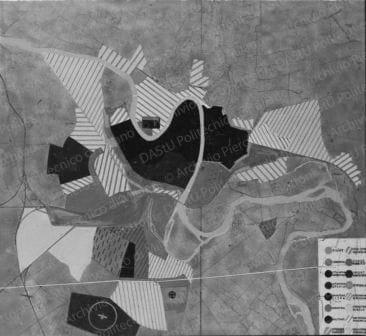 Riproduzione della tavola 9: "Capacità di assorbimento del traffico prevista per nuova rete stradale - Zonizzazione", mappa. Positivo, bianco e nero, 85x93 mm, album giallo n.5, pag.31.