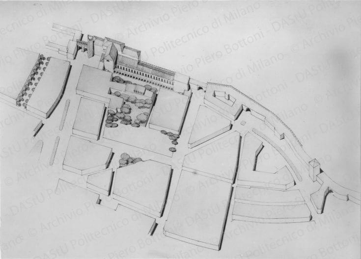 Riproduzione della tavola 19: "La Piazza Cittadella e il nuovo Centro degli affari", assonometria. Positivo, bianco e nero, 134x186 mm, album giallo n.5, pag.37.