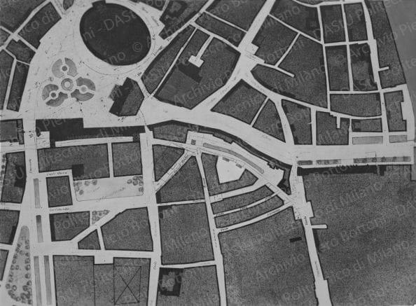 Riproduzione della tavola 19: "La Piazza Cittadella e il nuovo Centro degli affari", planimetria. Positivo, bianco e nero, 111x150 mm, album giallo n.5, pag.37.